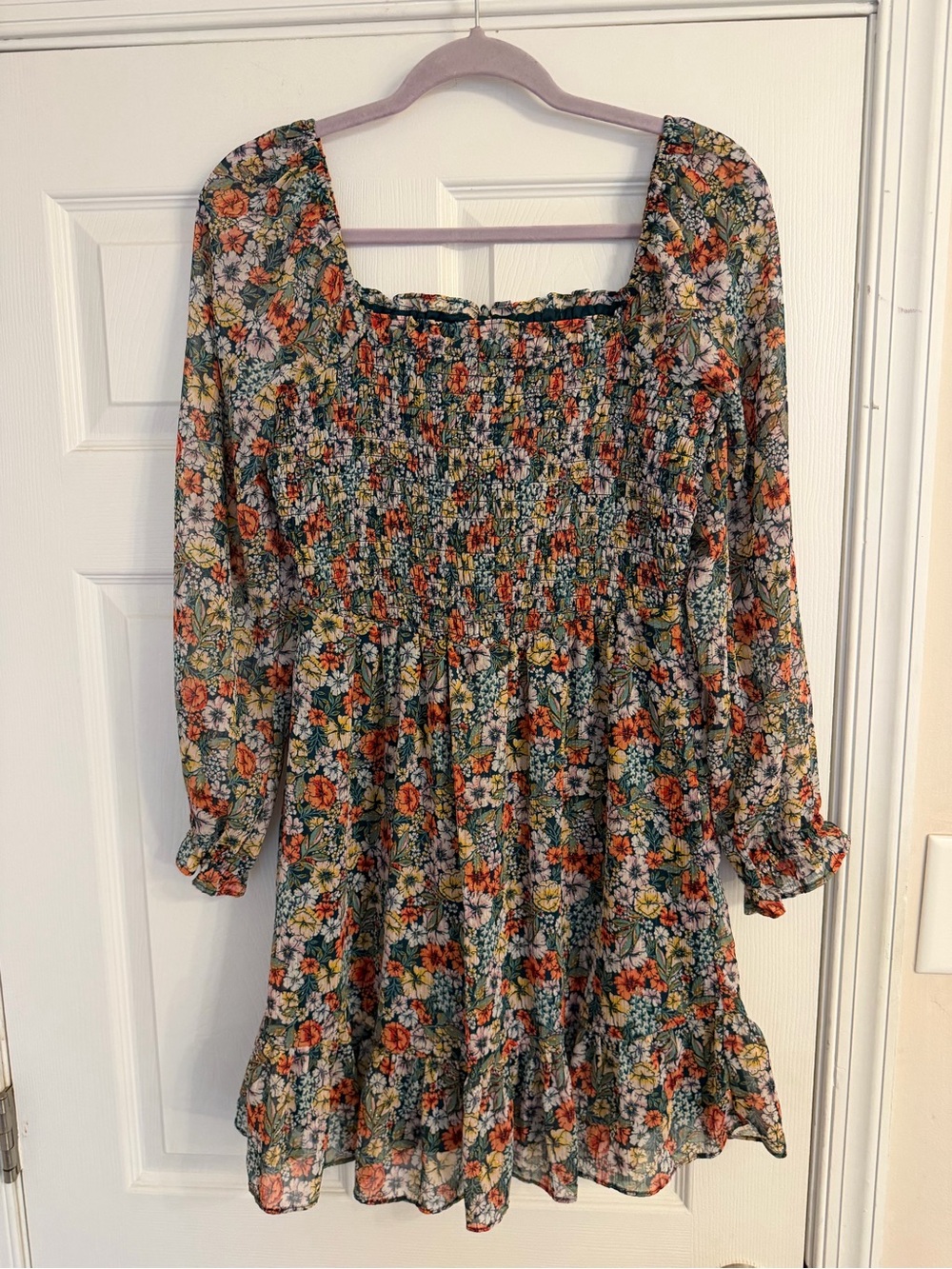 LC Lauren Conrad Floral Smocked Mini Dress in Green and Orange